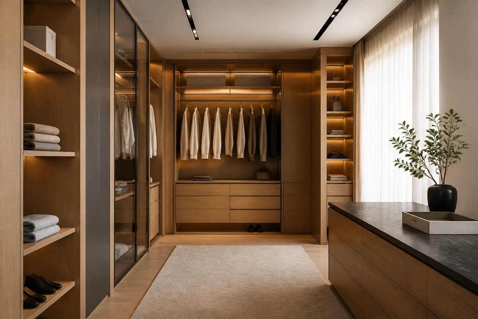 Closet planejado com iluminação integrada e organização sob medida